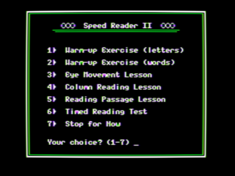 Speed Reader II 091286 screen 3 - main menu