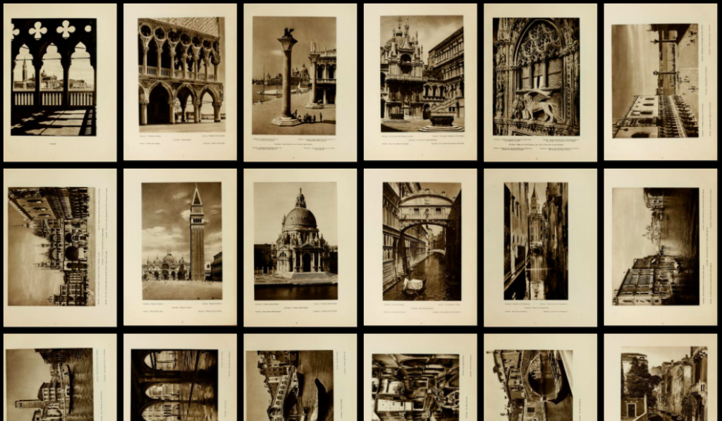 Screen shot thumbnail images from the book Picturesque Italy. The 12+ photos feature tourist sites in Venice, Italy like the Doges Palace, the Bridge of Sighs, and Piazza San Marco.