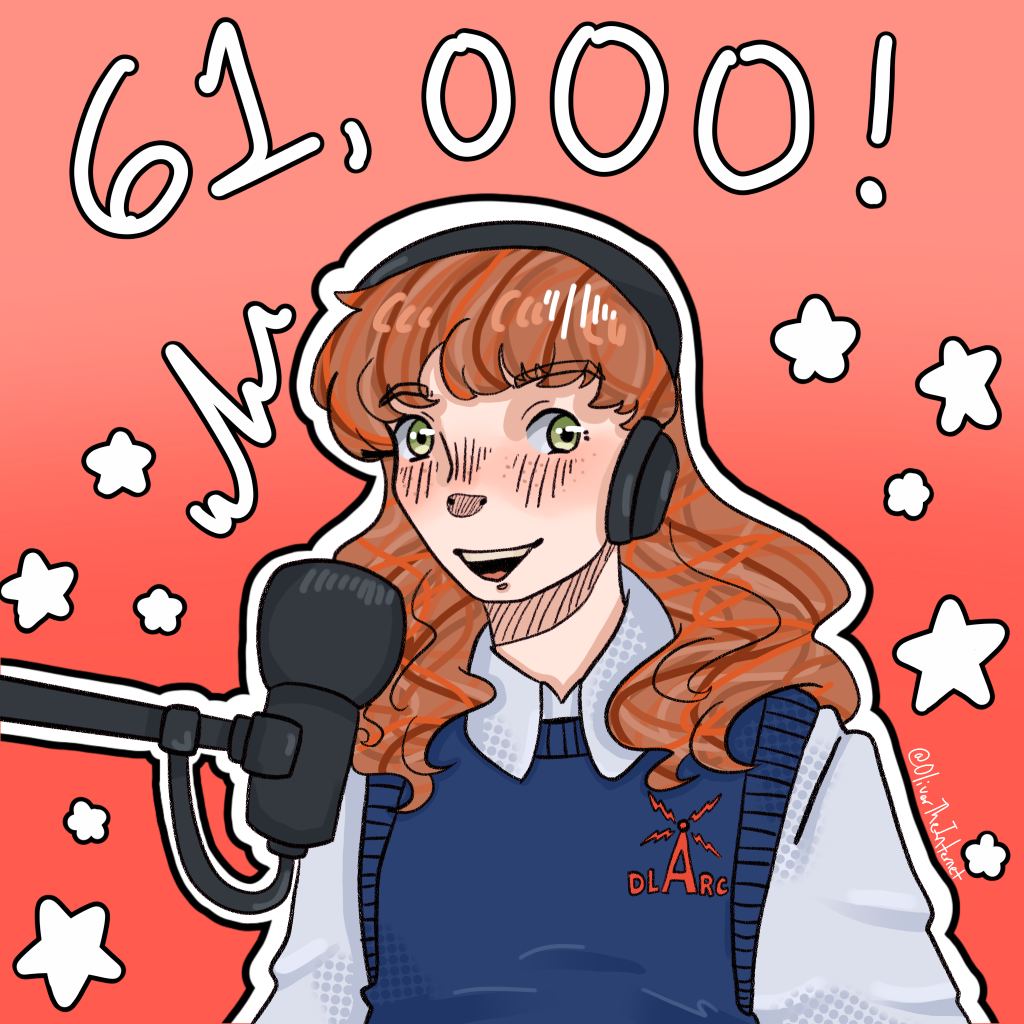 Drawing of a woman wearing headphones sitting in front of a microphone. Her sweater vest has the logo for Digital Library of Amateur Radio & Communications. The number 61,000! is drawn in large numbers above her head