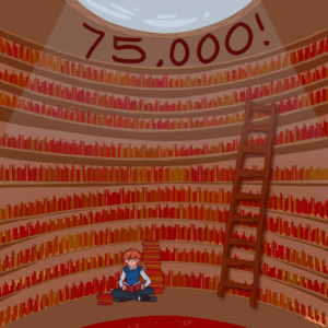 A cartoon of a huge library of books, with a tall ladder to reach the upper stacks. A person, who seems dwarfed by the shelves of books, sits on the floor reading.