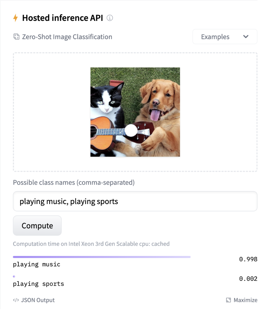 A screenshot of a model widget showing a picture of a dog and a cat playing the guitar. The widget assigns the label `"playing music`" the highest confidence.