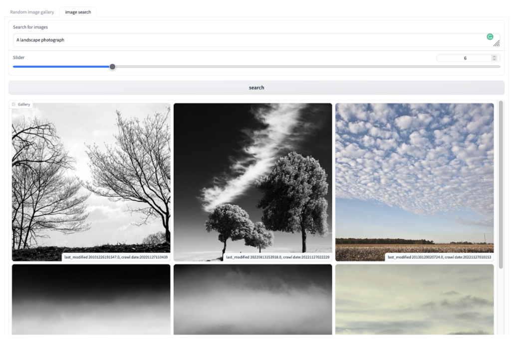A screenshot of the search tab showing a search for “landscape photograph” in a text box and a grid of images resulting from the search. This includes two images containing trees and images containing the sky and clouds. 