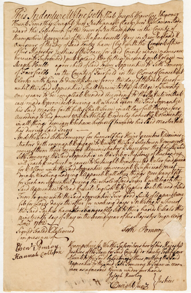 Asaph Hull’s 1762 Indenture Record. Northampton Manuscript Collection.
